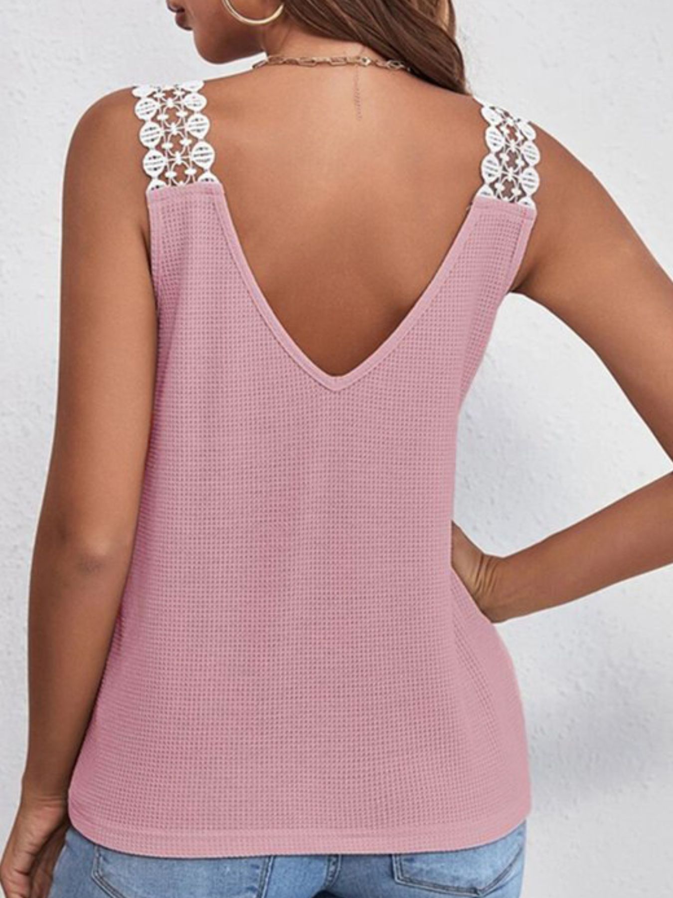 Full Size Lace Trim V-Neck Waffle Knit Tank Plus Size - Image 2