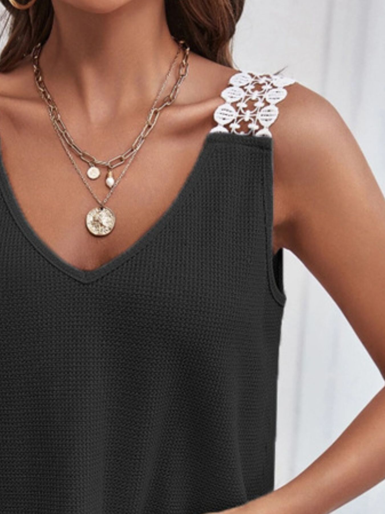 Full Size Lace Trim V-Neck Waffle Knit Tank Plus Size - Image 8