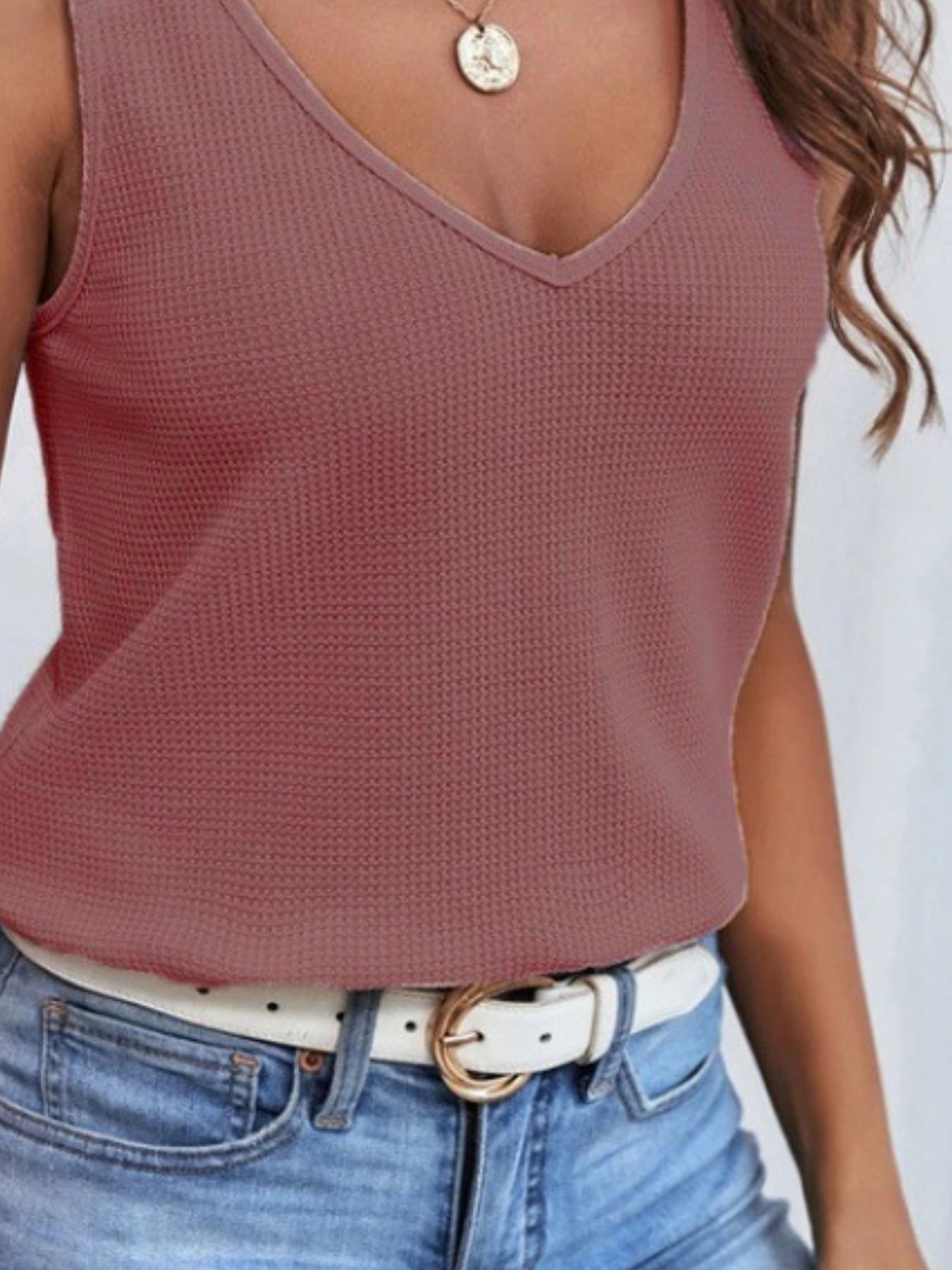 Full Size Lace Trim V-Neck Waffle Knit Tank Plus Size - Image 4