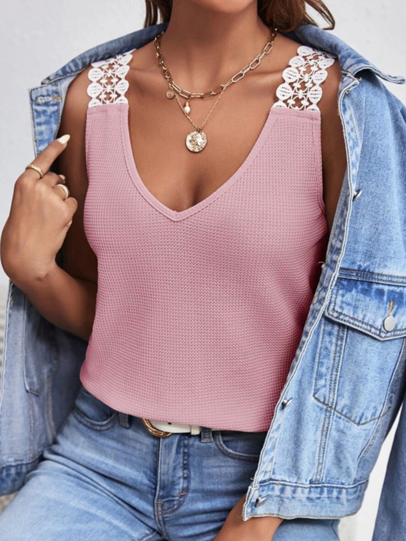 Full Size Lace Trim V-Neck Waffle Knit Tank Plus Size - Image 3