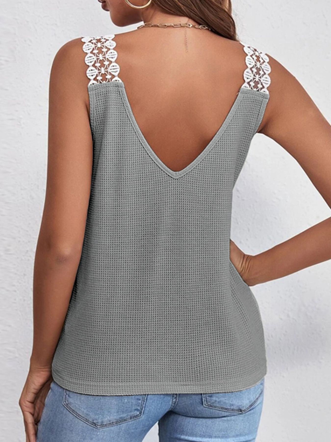 Full Size Lace Trim V-Neck Waffle Knit Tank Plus Size - Image 13