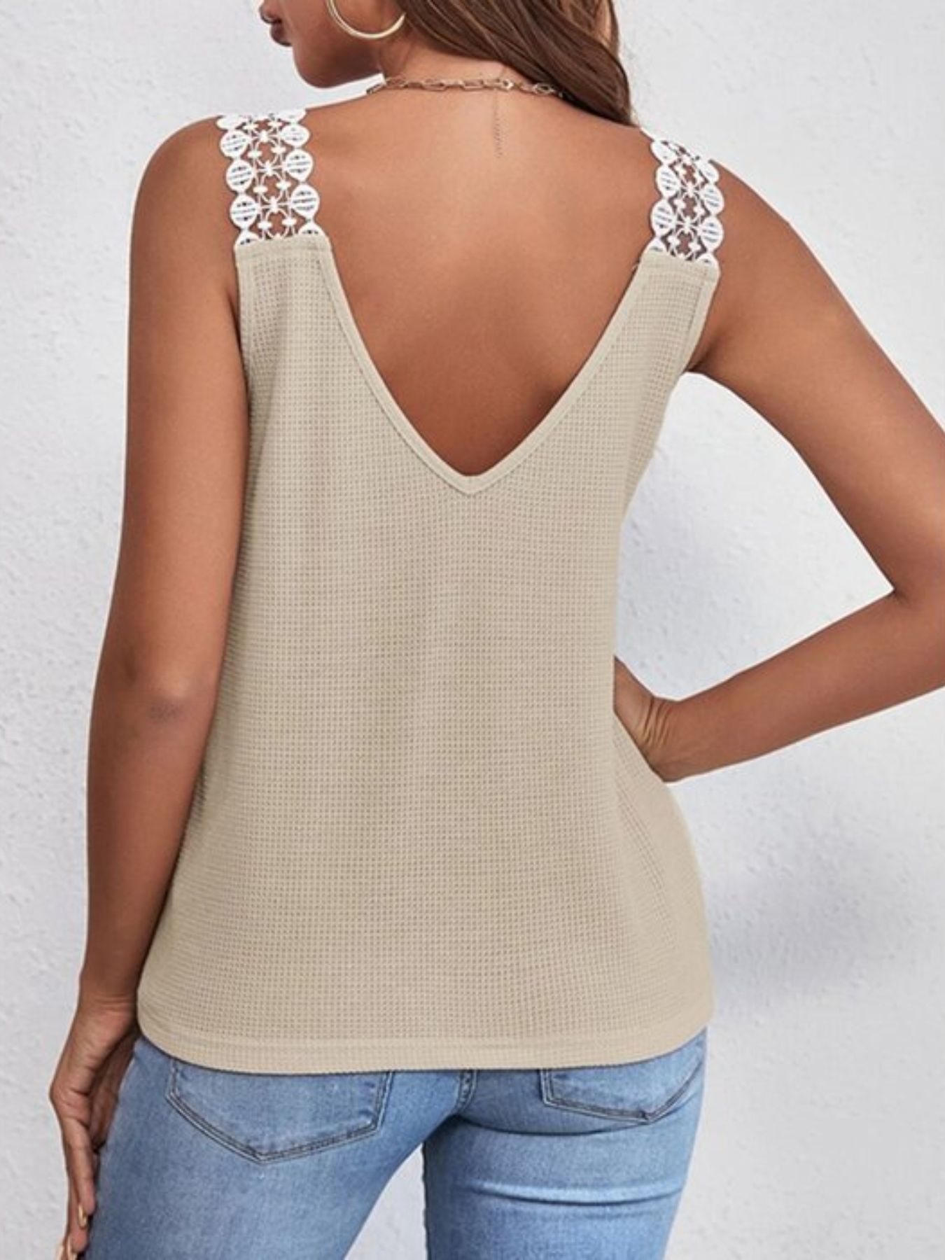 Full Size Lace Trim V-Neck Waffle Knit Tank Plus Size - Image 10