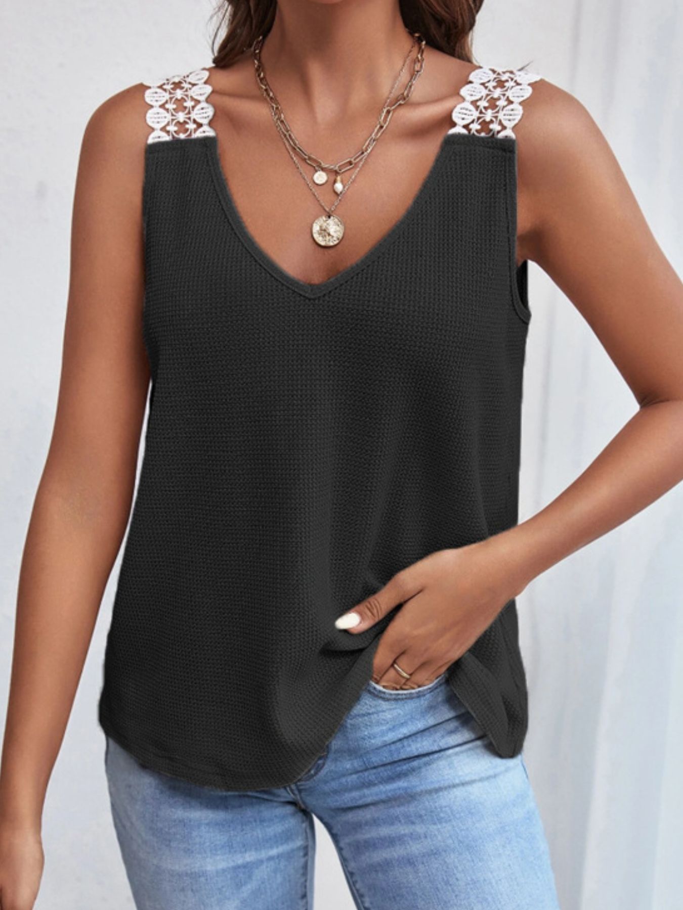 Full Size Lace Trim V-Neck Waffle Knit Tank Plus Size - Image 9