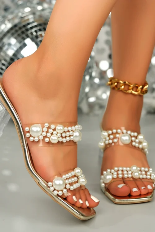 Pearl Embellished Clear Block Heel Sandals