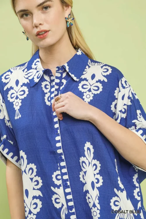Umgee Abstract Print Button Down Short Sleeve Shirt