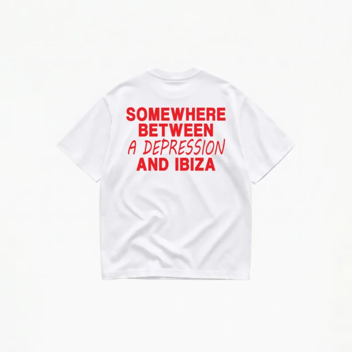 somewhere-between-depression-and-ibiza-t-shirt-white SOMEWHERE BETWEEN A DEPRESSION AND IBIZA T-SHIRT - Image 1